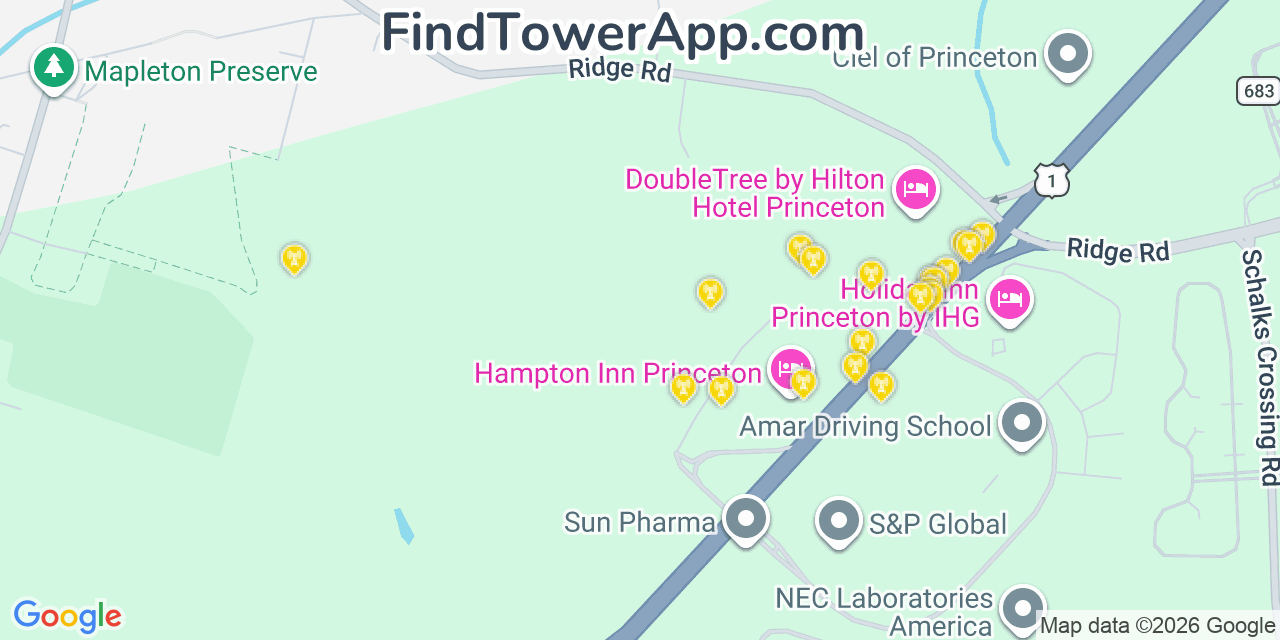 Map showing the 20 primary cell tower locations detected in Kingston, New Jersey from AT&T, Verizon, and T-Mobile networks