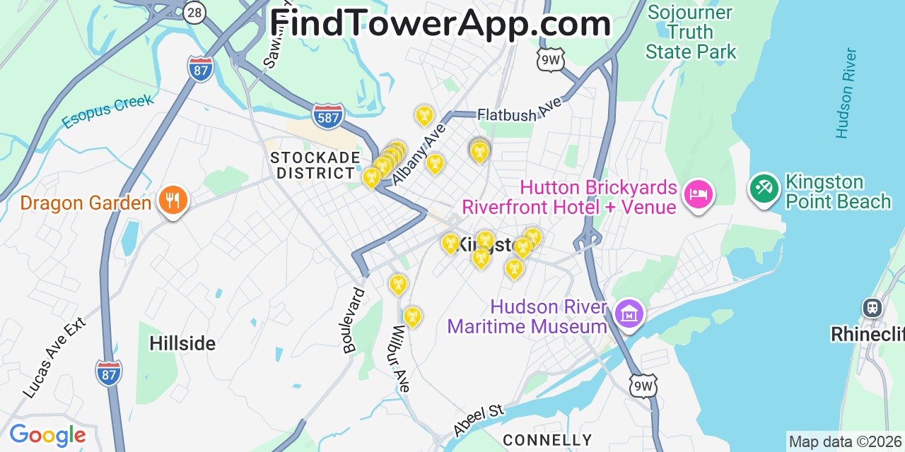Map showing the 20 primary cell tower locations detected in Kingston, New York from AT&T, Verizon, and T-Mobile networks