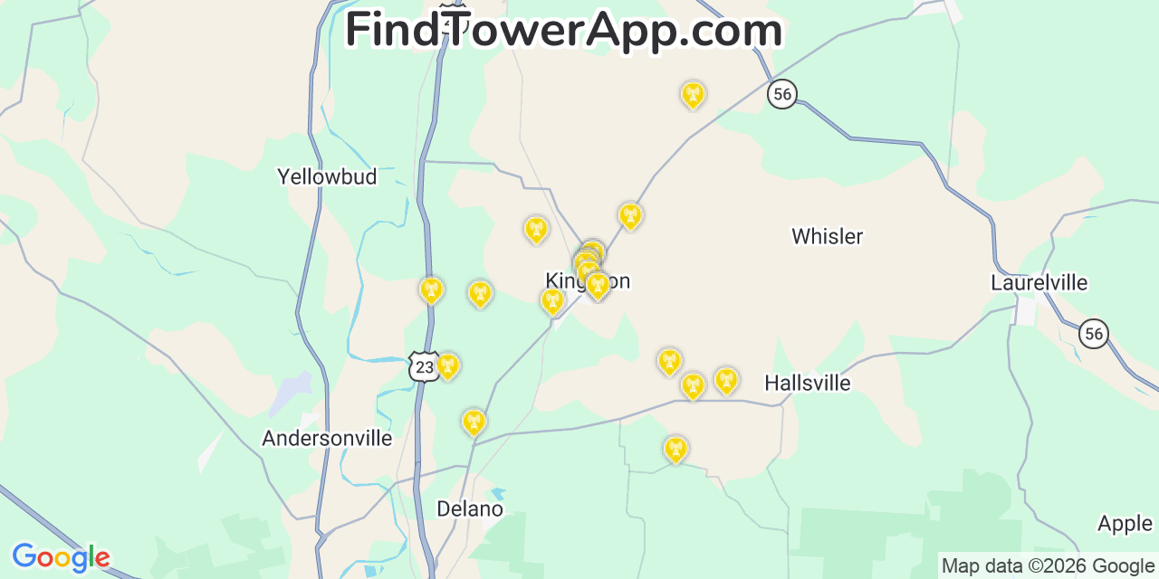 Map showing the 20 primary cell tower locations detected in Kingston, Ohio from AT&T, Verizon, and T-Mobile networks