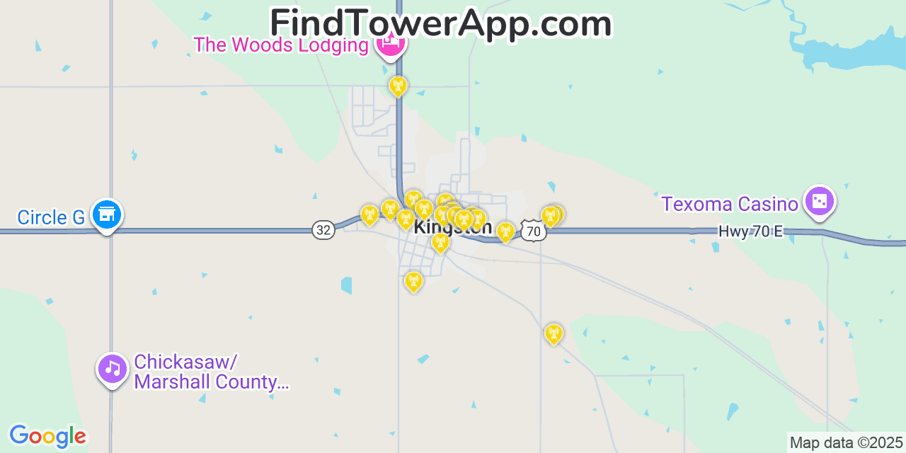 Map showing the 20 primary cell tower locations detected in Kingston, Oklahoma from AT&T, Verizon, and T-Mobile networks