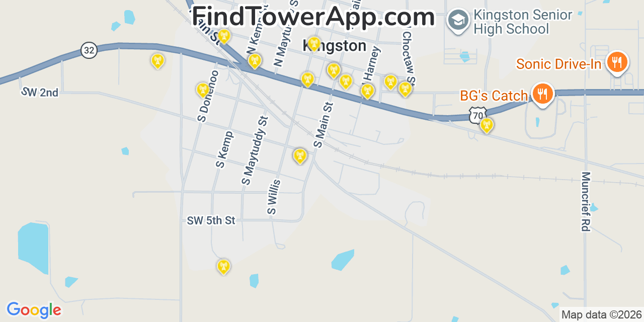 Map showing the 20 primary cell tower locations detected in Kingston, Oklahoma from AT&T, Verizon, and T-Mobile networks