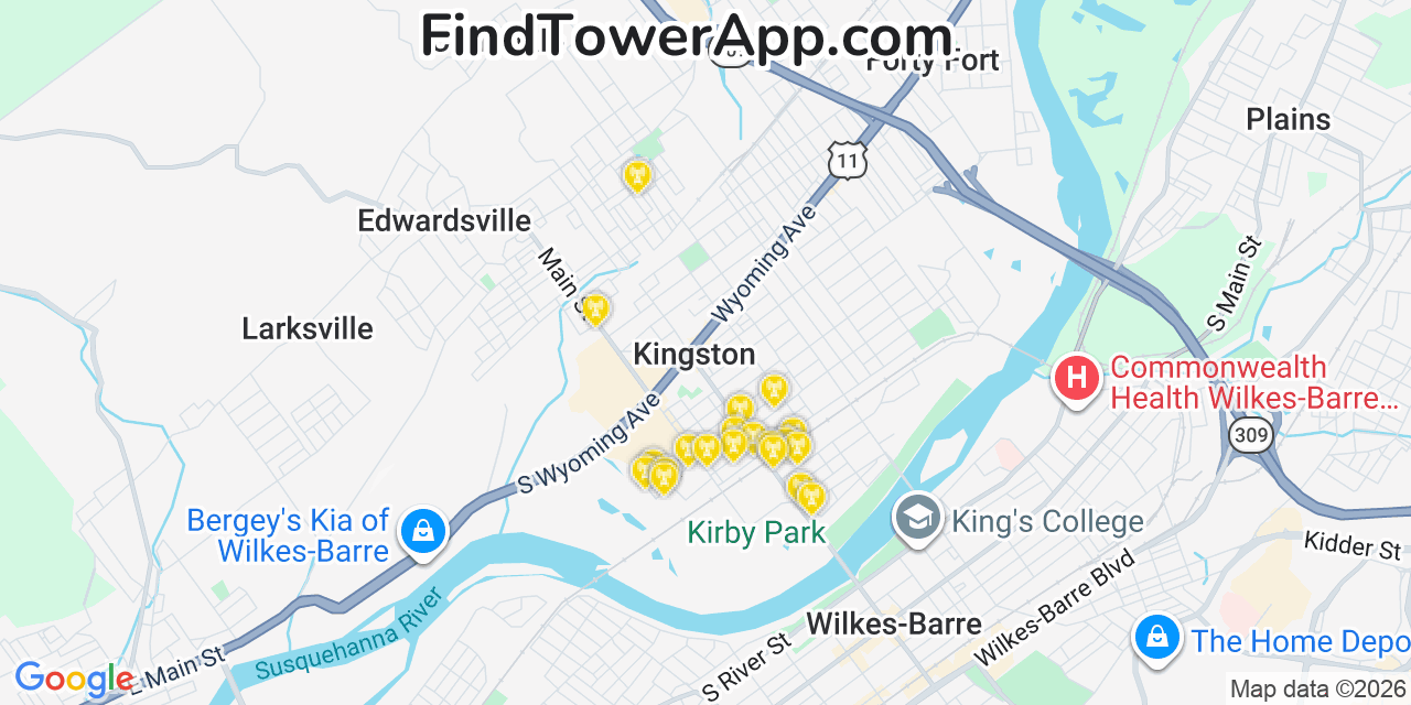 Map showing the 20 primary cell tower locations detected in Kingston, Pennsylvania from AT&T, Verizon, and T-Mobile networks