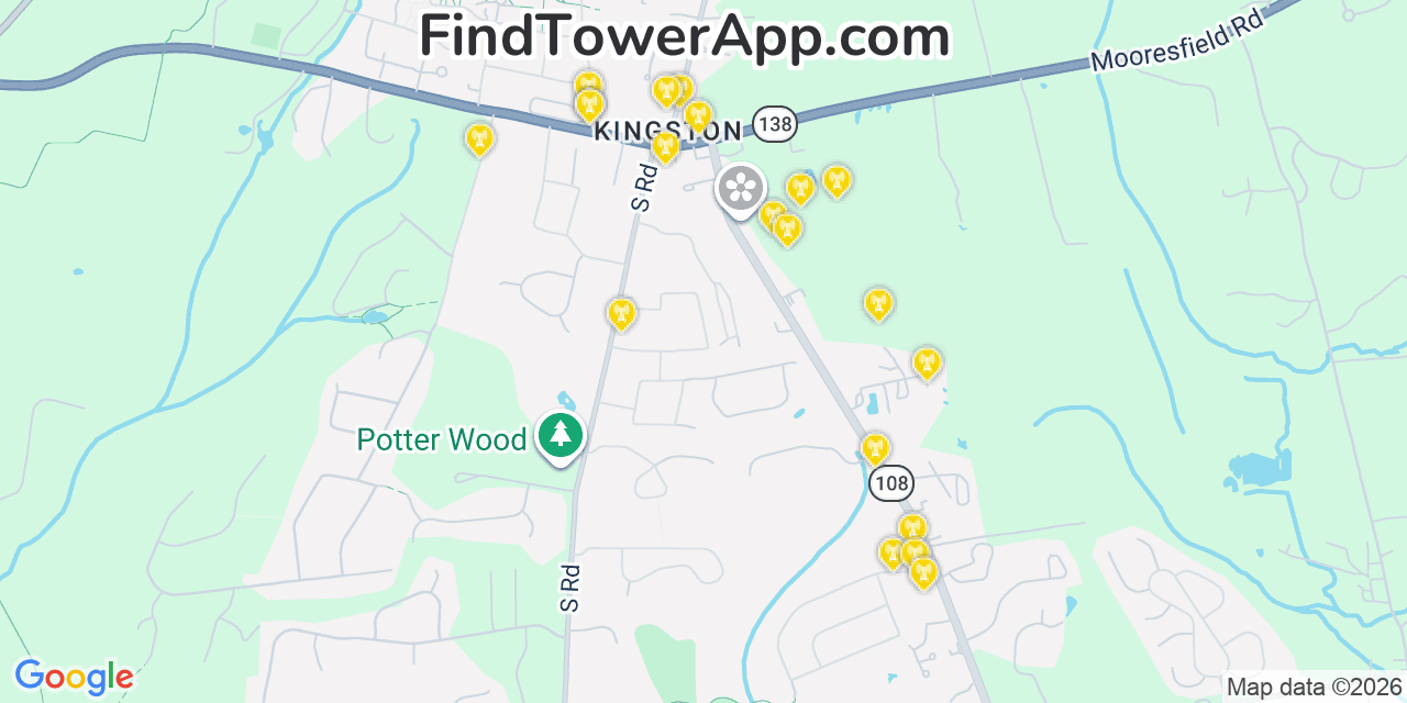 Map showing the 20 primary cell tower locations detected in Kingston, Rhode Island from AT&T, Verizon, and T-Mobile networks