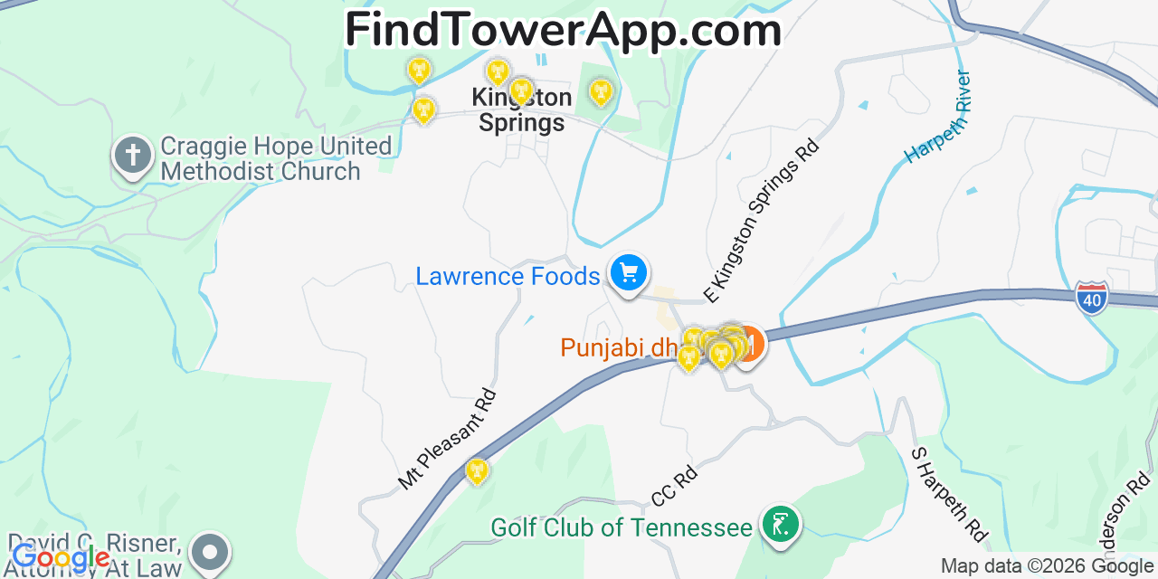 Map showing the 20 primary cell tower locations detected in Kingston Springs, Tennessee from AT&T, Verizon, and T-Mobile networks