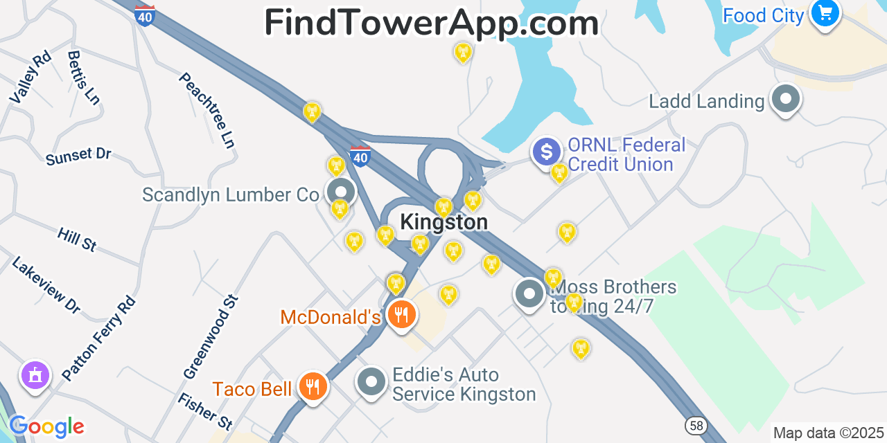 Map showing the 20 primary cell tower locations detected in Kingston, Tennessee from AT&T, Verizon, and T-Mobile networks