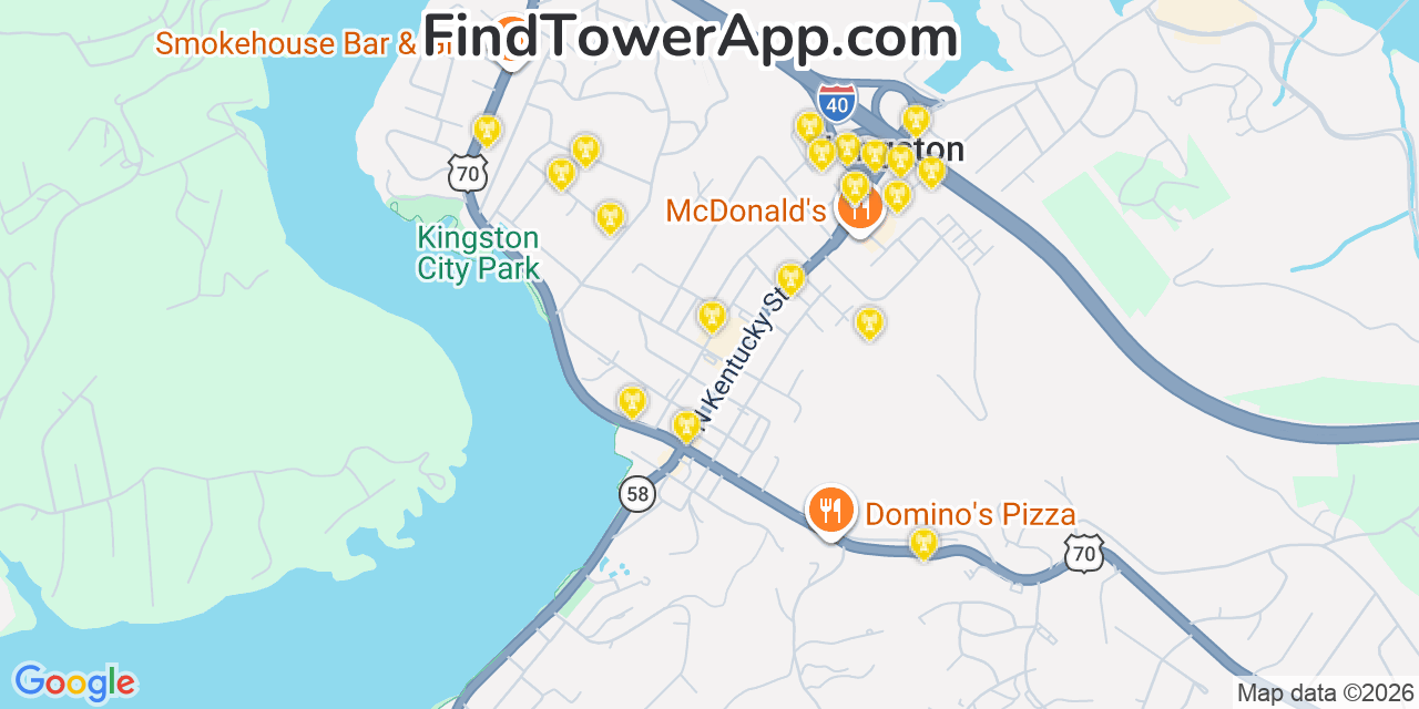 Map showing the 20 primary cell tower locations detected in Kingston, Tennessee from AT&T, Verizon, and T-Mobile networks