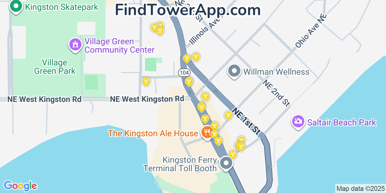 Map showing the 20 primary cell tower locations detected in Kingston, Washington from AT&T, Verizon, and T-Mobile networks