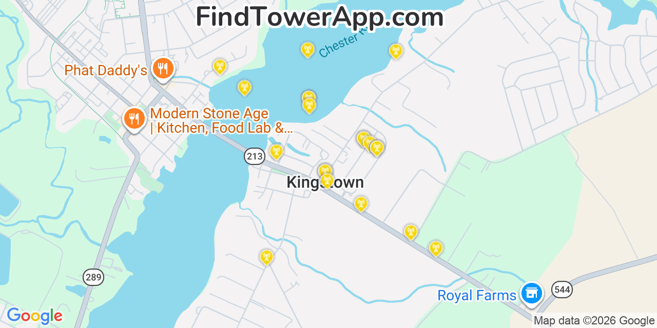 Map showing the 20 primary cell tower locations detected in Kingstown, Maryland from AT&T, Verizon, and T-Mobile networks