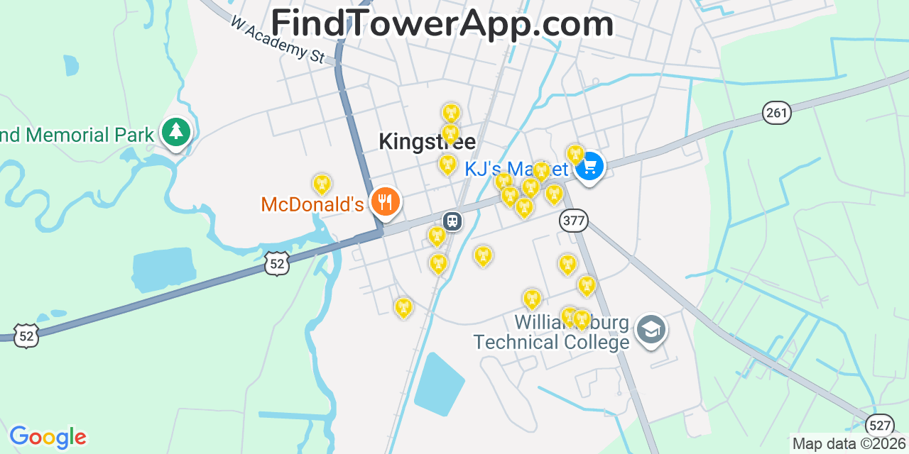 Map showing the 20 primary cell tower locations detected in Kingstree, South Carolina from AT&T, Verizon, and T-Mobile networks
