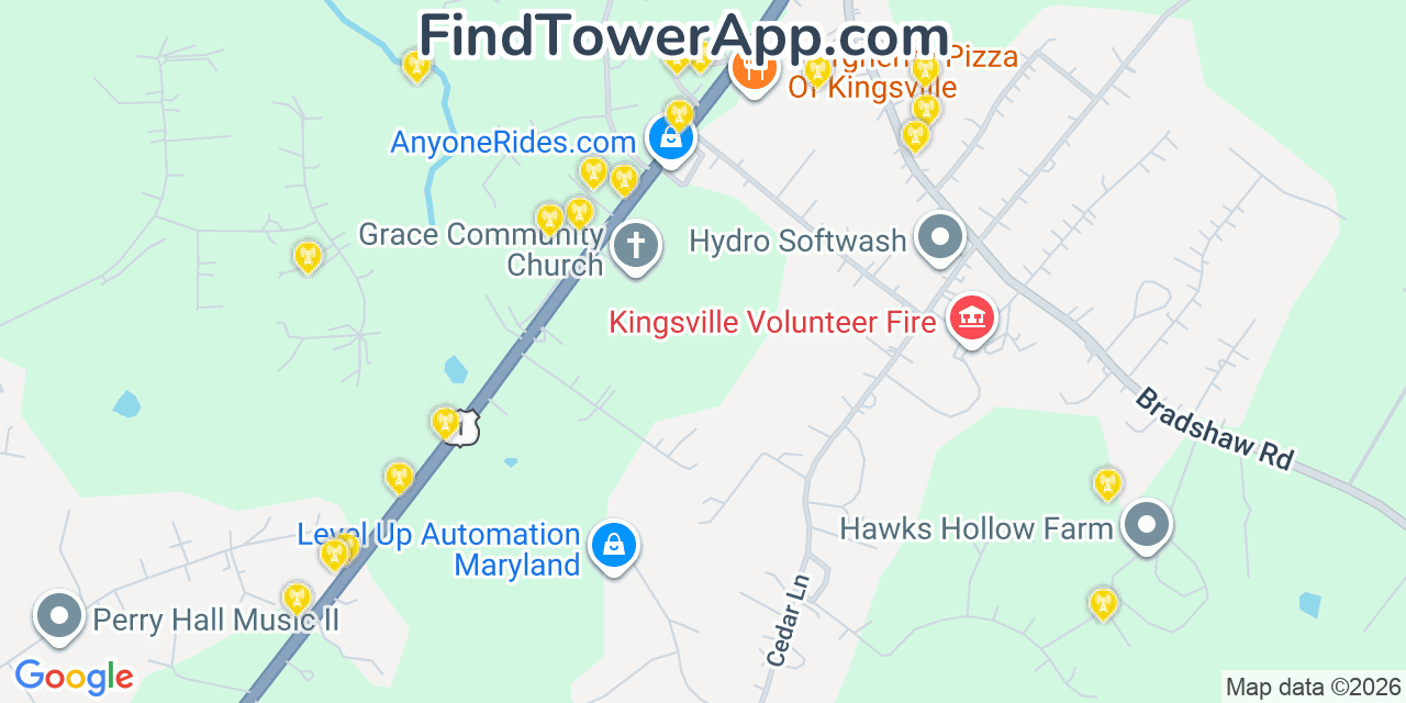 Map showing the 20 primary cell tower locations detected in Kingsville, Maryland from AT&T, Verizon, and T-Mobile networks