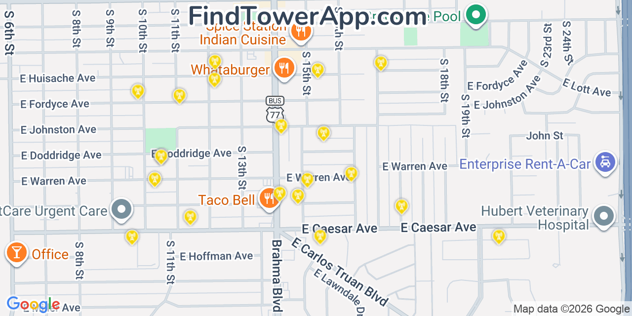 Map showing the 20 primary cell tower locations detected in Kingsville, Texas from AT&T, Verizon, and T-Mobile networks