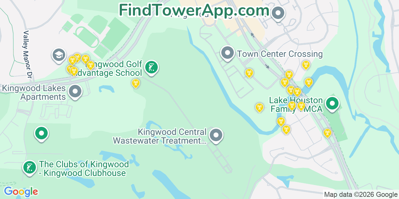 Map showing the 20 primary cell tower locations detected in Kingwood, Texas from AT&T, Verizon, and T-Mobile networks
