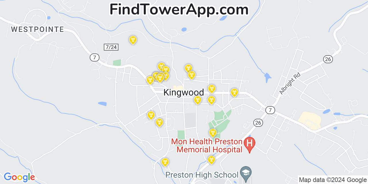 AT&T 4G/5G cell tower coverage map Kingwood, West Virginia