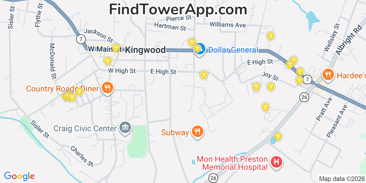 Map showing the 20 primary cell tower locations detected in Kingwood, West Virginia from AT&T, Verizon, and T-Mobile networks