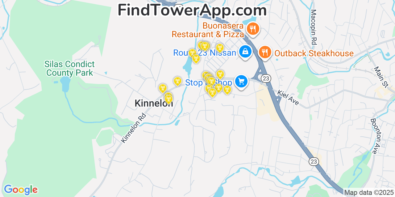 Map showing the 20 primary cell tower locations detected in Kinnelon, New Jersey from AT&T, Verizon, and T-Mobile networks