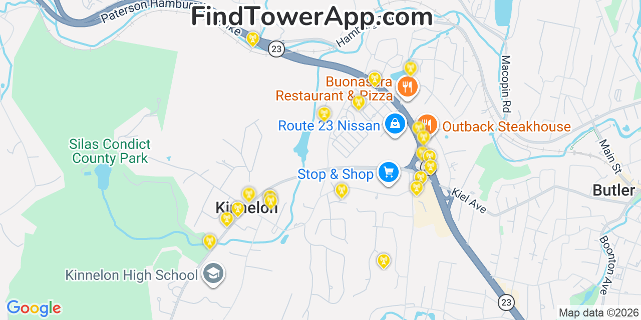 Map showing the 20 primary cell tower locations detected in Kinnelon, New Jersey from AT&T, Verizon, and T-Mobile networks