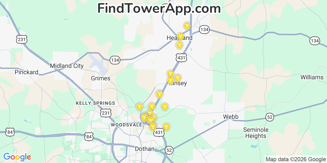 Map showing the 20 primary cell tower locations detected in Kinsey, Alabama from AT&T, Verizon, and T-Mobile networks