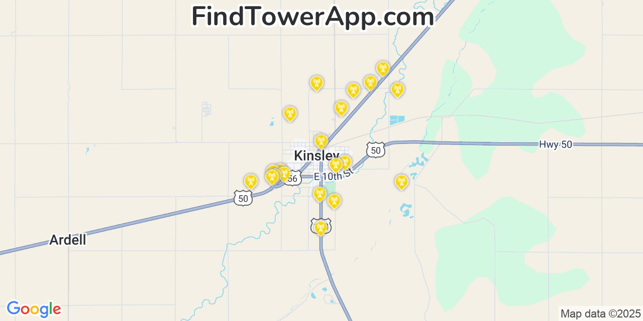 Map showing the 20 primary cell tower locations detected in Kinsley, Kansas from AT&T, Verizon, and T-Mobile networks