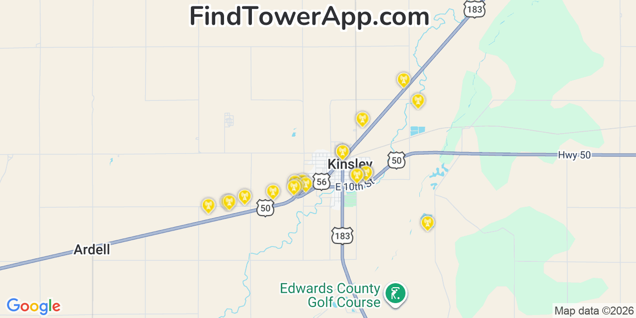 Map showing the 20 primary cell tower locations detected in Kinsley, Kansas from AT&T, Verizon, and T-Mobile networks