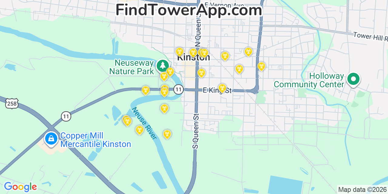 Map showing the 20 primary cell tower locations detected in Kinston, North Carolina from AT&T, Verizon, and T-Mobile networks