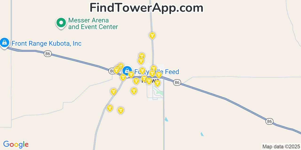 Map showing the 20 primary cell tower locations detected in Kiowa, Colorado from AT&T, Verizon, and T-Mobile networks