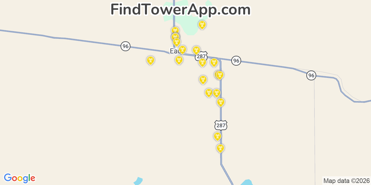 Map showing the 20 primary cell tower locations detected in Kiowa, Colorado from AT&T, Verizon, and T-Mobile networks