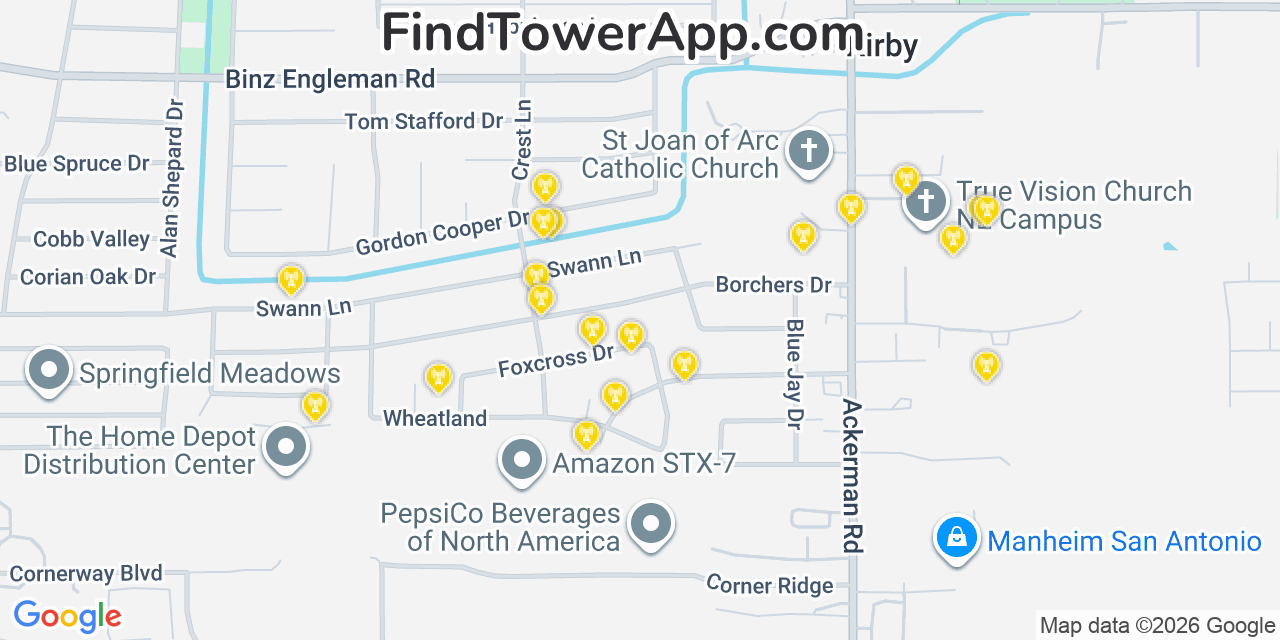 Map showing the 20 primary cell tower locations detected in Kirby, Texas from AT&T, Verizon, and T-Mobile networks