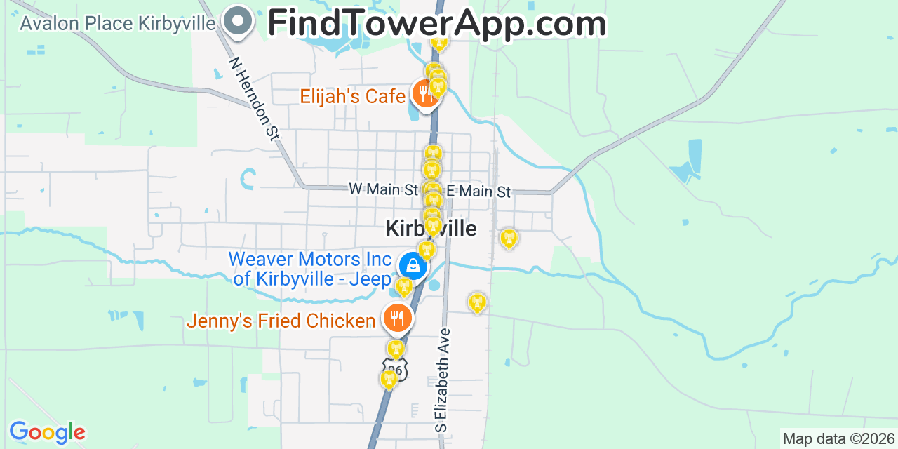 Map showing the 20 primary cell tower locations detected in Kirbyville, Texas from AT&T, Verizon, and T-Mobile networks