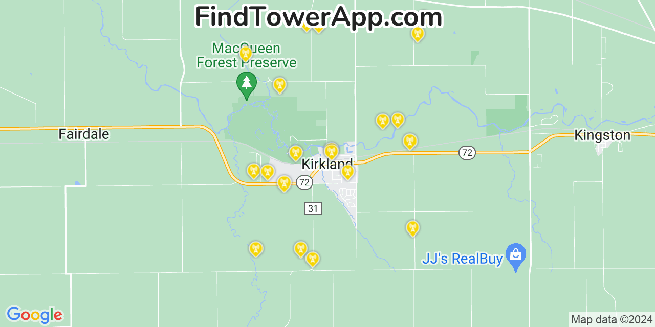 AT&T 4G/5G cell tower coverage map Kirkland, Illinois