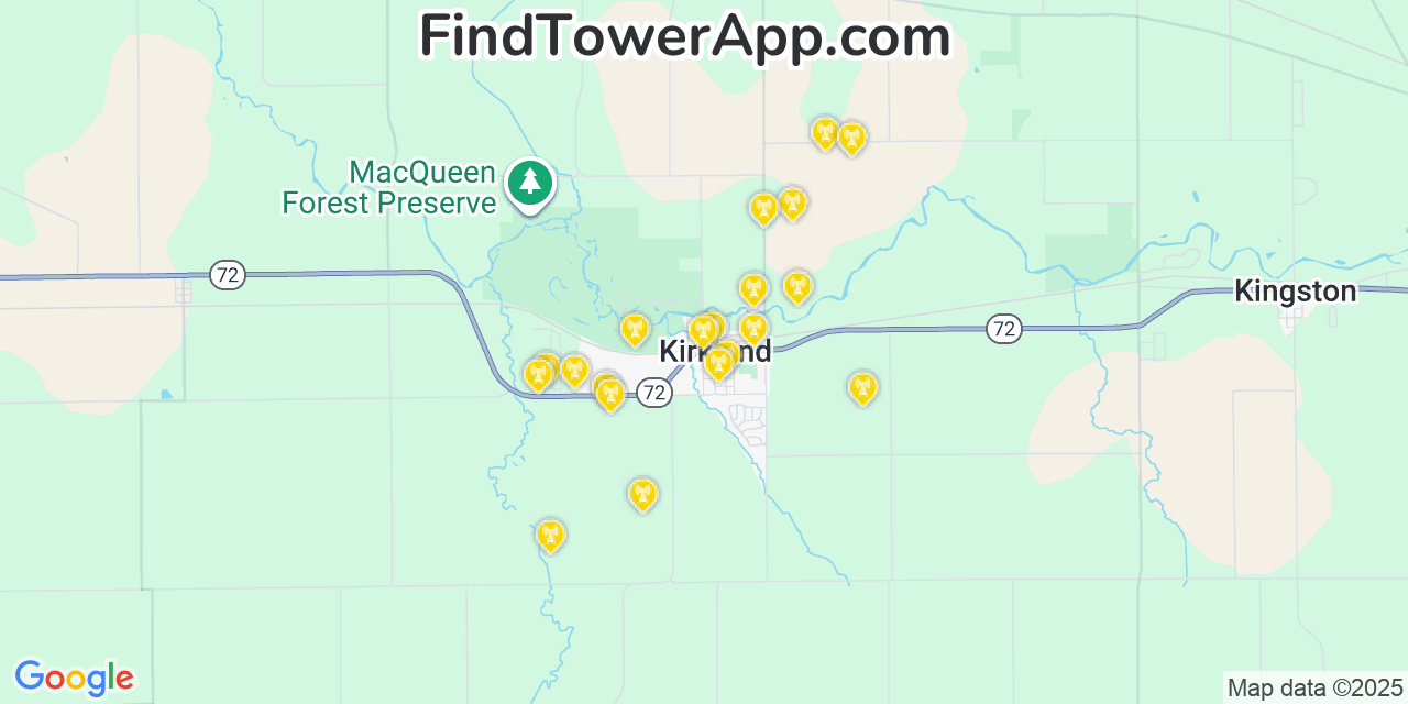 Map showing the 20 primary cell tower locations detected in Kirkland, Illinois from AT&T, Verizon, and T-Mobile networks