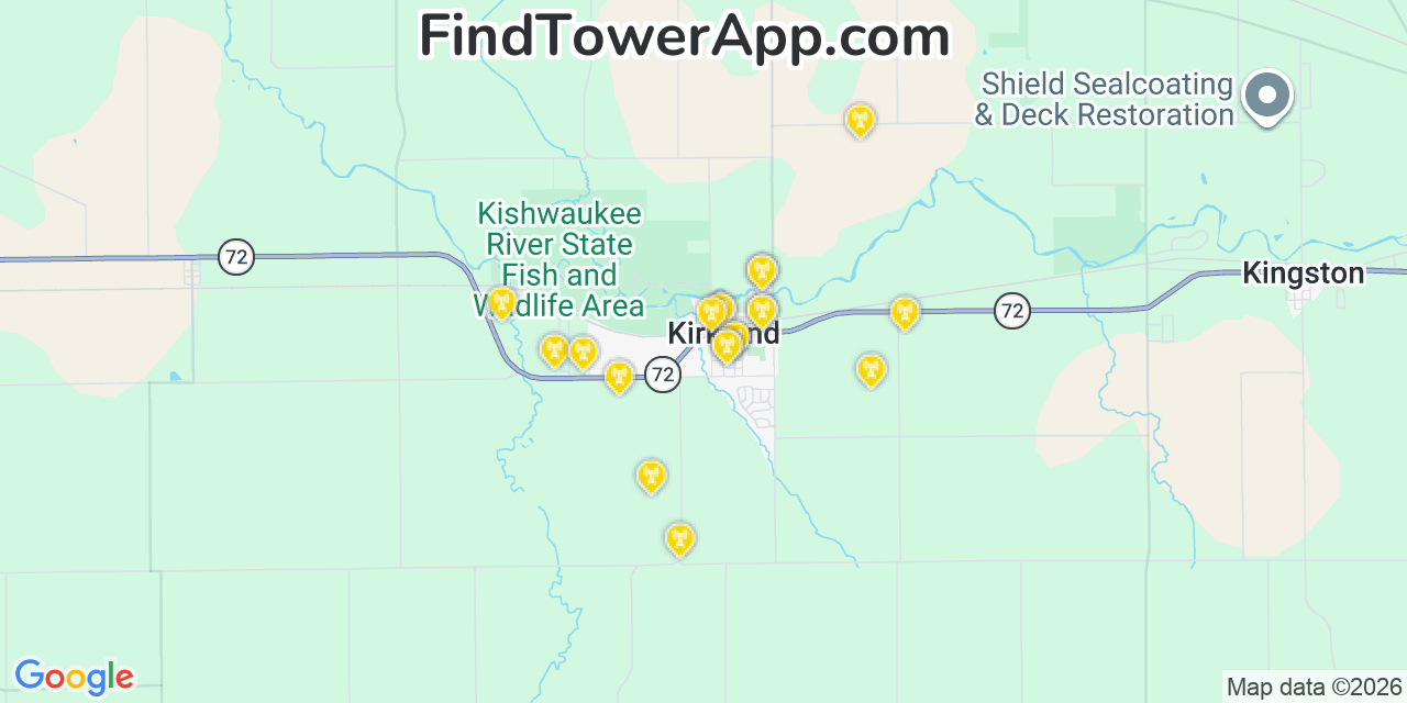 Map showing the 20 primary cell tower locations detected in Kirkland, Illinois from AT&T, Verizon, and T-Mobile networks