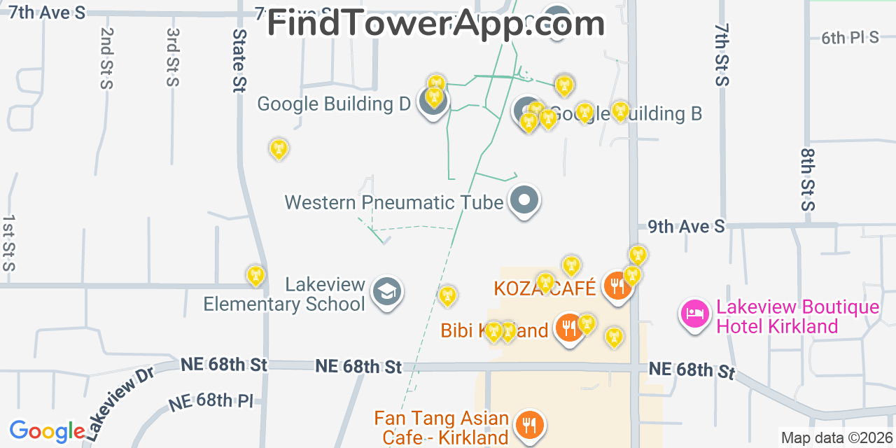 Map showing the 20 primary cell tower locations detected in Kirkland, Washington from AT&T, Verizon, and T-Mobile networks