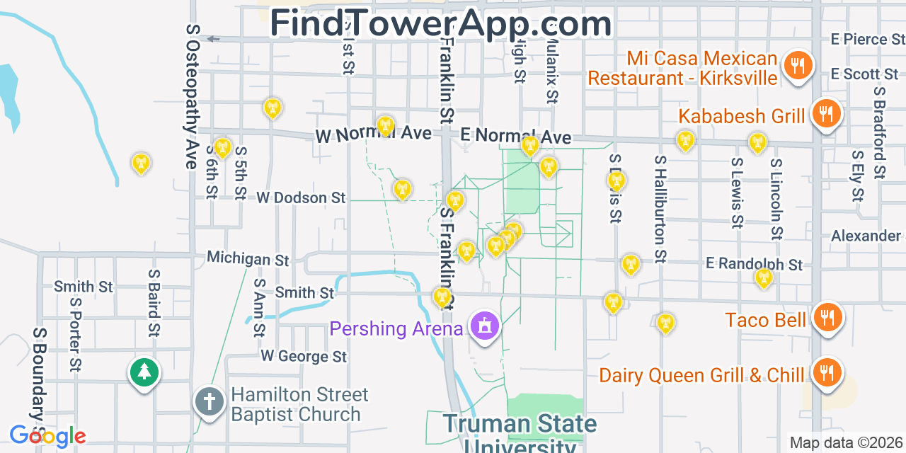 Map showing the 20 primary cell tower locations detected in Kirksville, Missouri from AT&T, Verizon, and T-Mobile networks