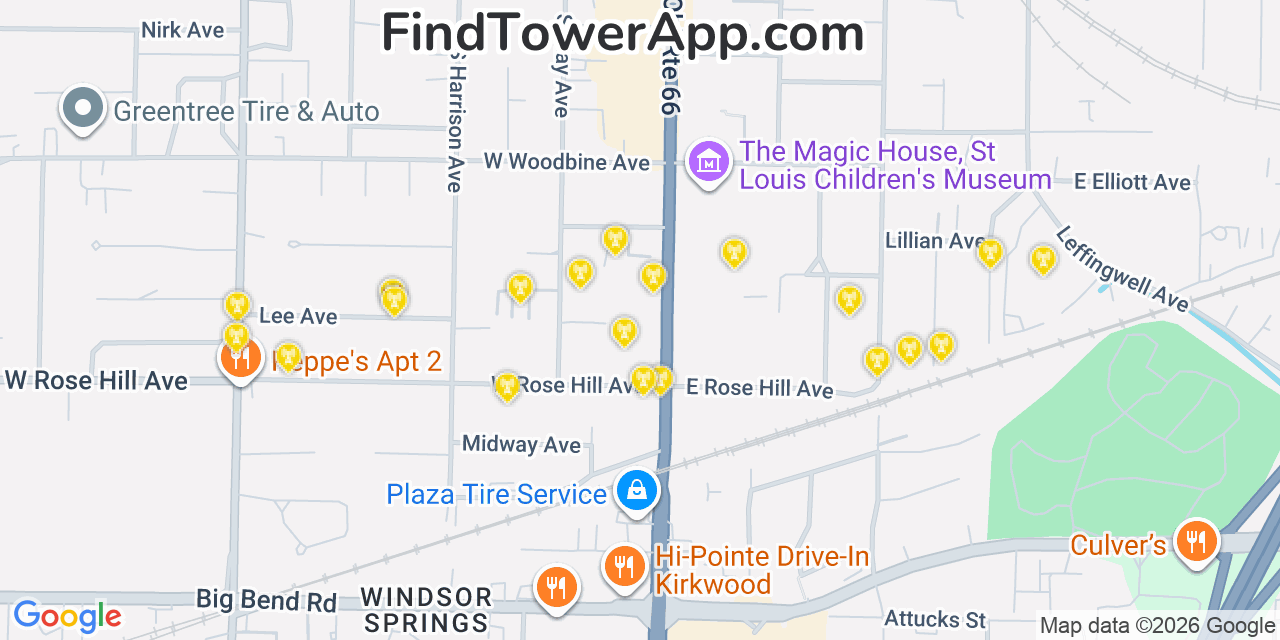 Map showing the 20 primary cell tower locations detected in Kirkwood, Missouri from AT&T, Verizon, and T-Mobile networks
