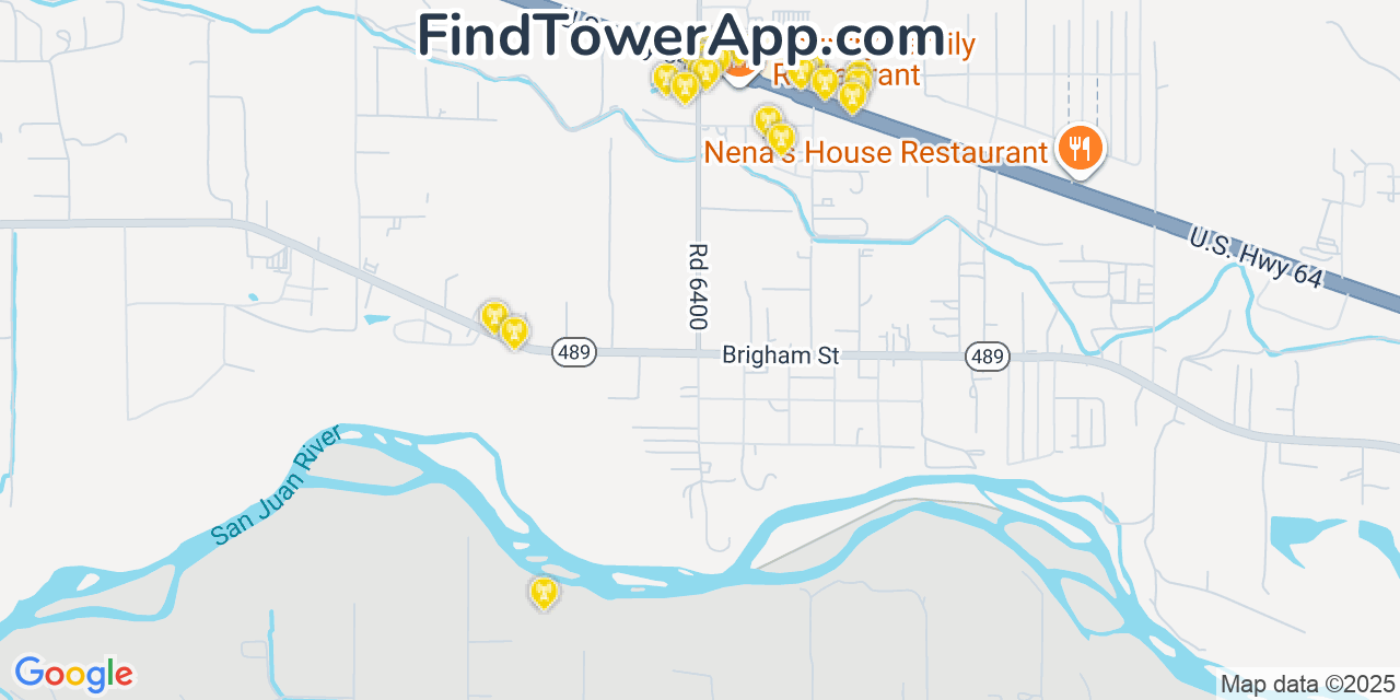 Map showing the 20 primary cell tower locations detected in Kirtland, New Mexico from AT&T, Verizon, and T-Mobile networks