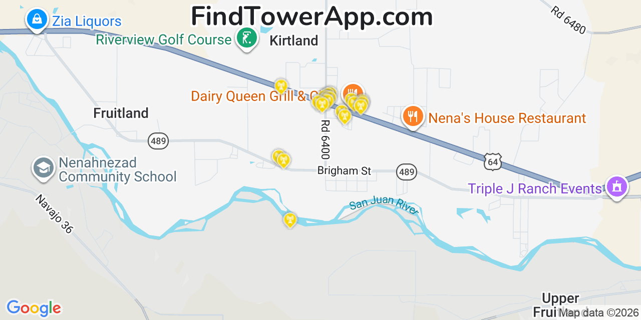 Map showing the 20 primary cell tower locations detected in Kirtland, New Mexico from AT&T, Verizon, and T-Mobile networks