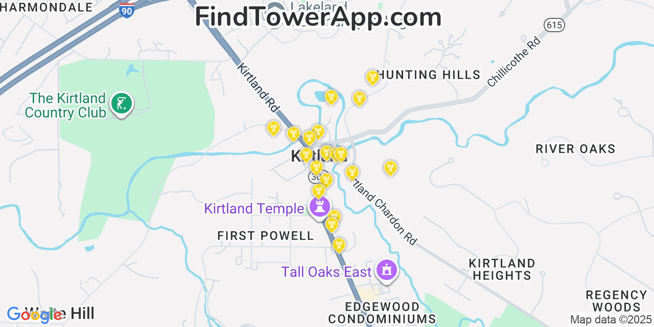 Map showing the 20 primary cell tower locations detected in Kirtland, Ohio from AT&T, Verizon, and T-Mobile networks