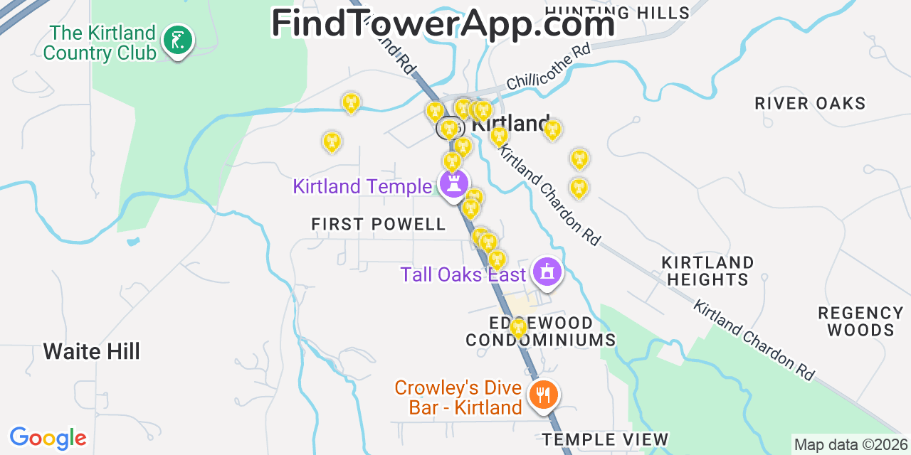 Map showing the 20 primary cell tower locations detected in Kirtland, Ohio from AT&T, Verizon, and T-Mobile networks