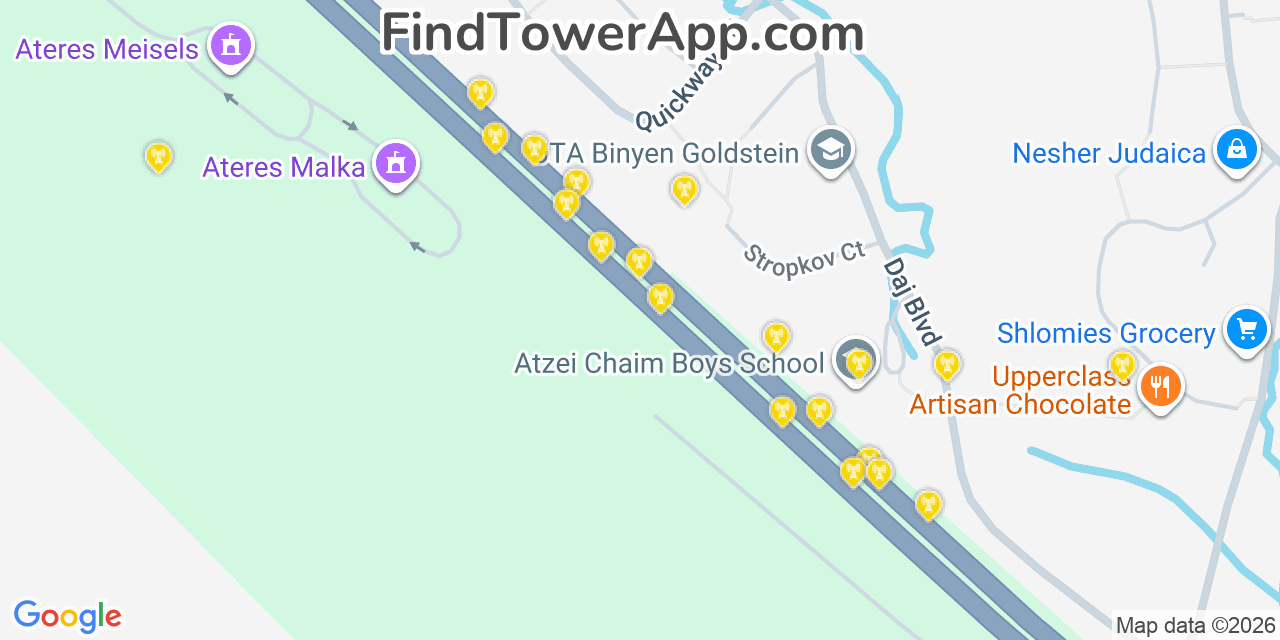 Map showing the 20 primary cell tower locations detected in Kiryas Joel, New York from AT&T, Verizon, and T-Mobile networks