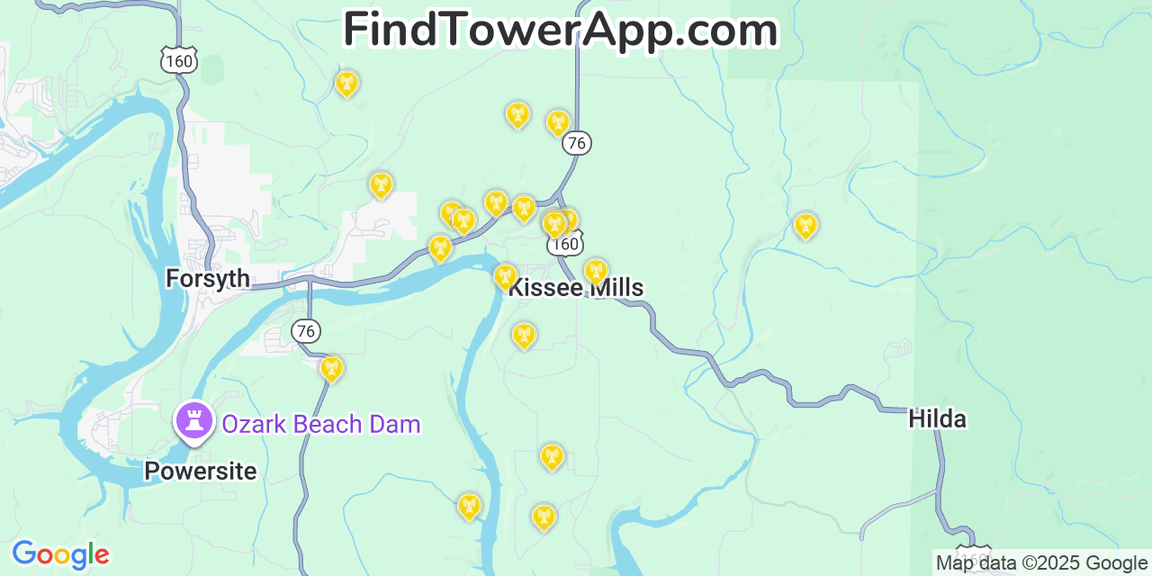Map showing the 20 primary cell tower locations detected in Kissee Mills, Missouri from AT&T, Verizon, and T-Mobile networks