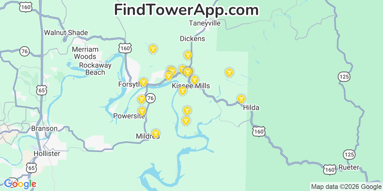 Map showing the 20 primary cell tower locations detected in Kissee Mills, Missouri from AT&T, Verizon, and T-Mobile networks