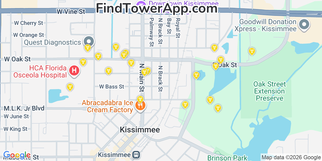 Map showing the 20 primary cell tower locations detected in Kissimmee, Florida from AT&T, Verizon, and T-Mobile networks