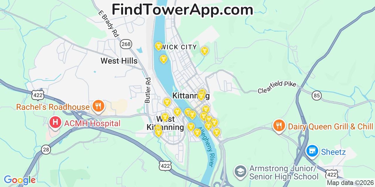 Map showing the 20 primary cell tower locations detected in Kittanning, Pennsylvania from AT&T, Verizon, and T-Mobile networks