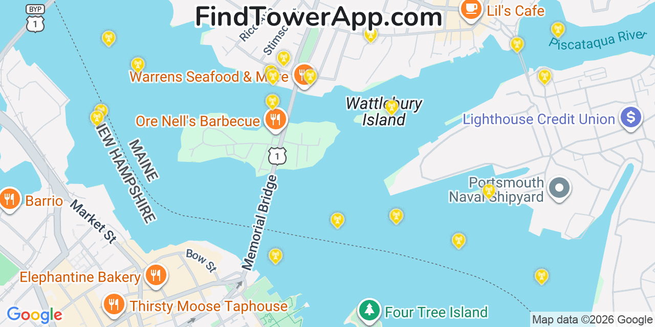 Map showing the 20 primary cell tower locations detected in Kittery, Maine from AT&T, Verizon, and T-Mobile networks