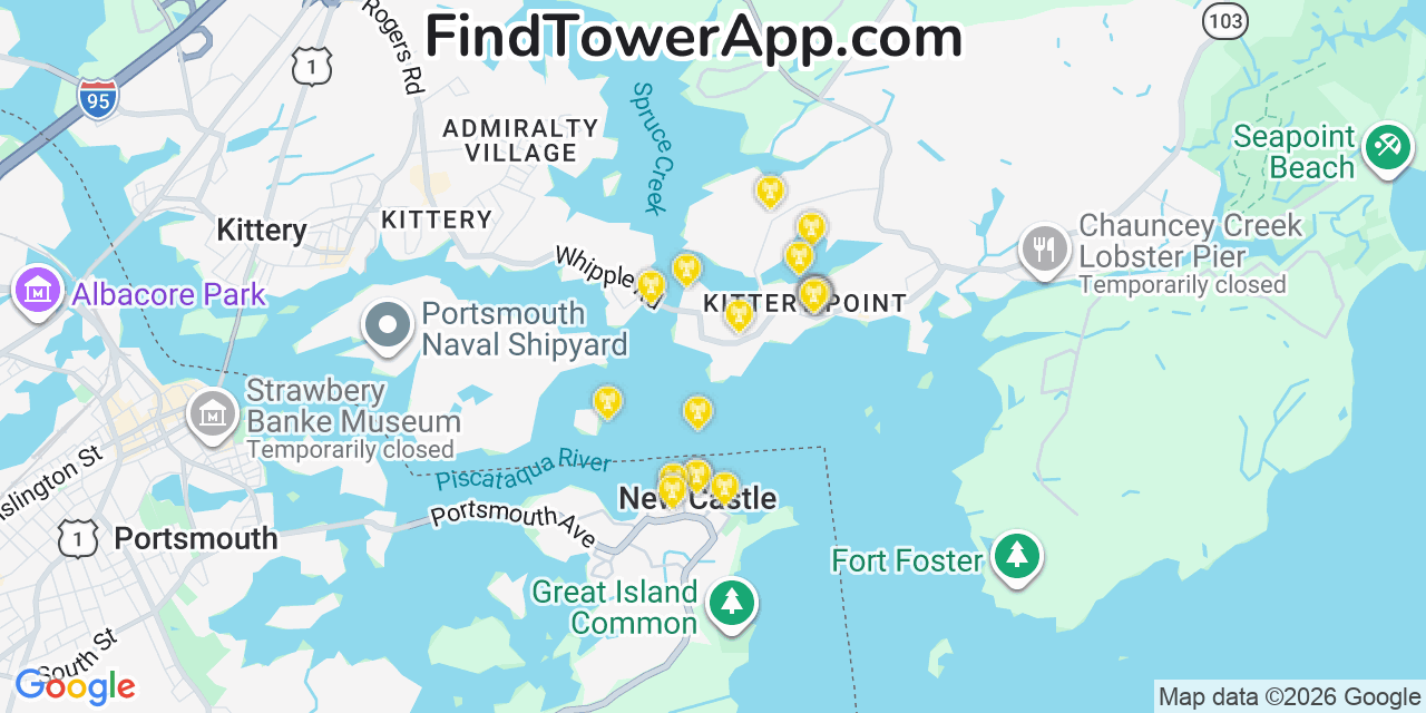 Map showing the 20 primary cell tower locations detected in Kittery Point, Maine from AT&T, Verizon, and T-Mobile networks