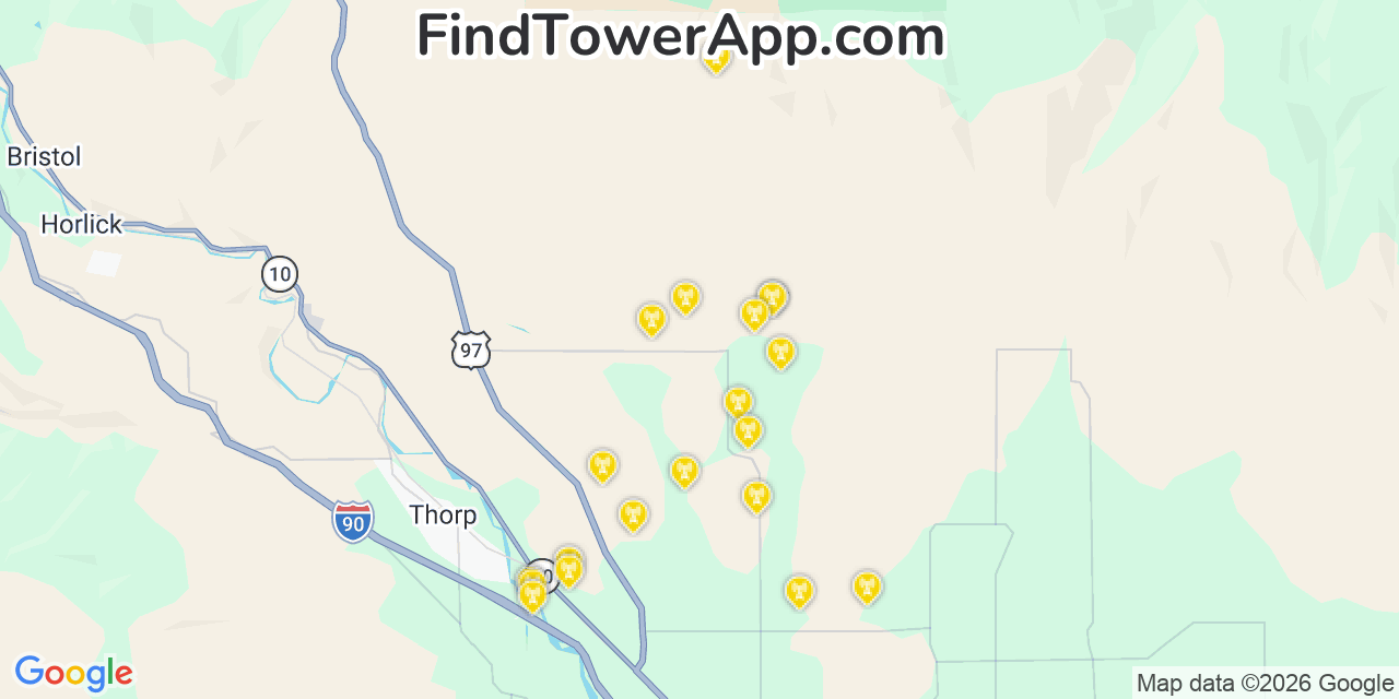 Map showing the 20 primary cell tower locations detected in Kittitas, Washington from AT&T, Verizon, and T-Mobile networks
