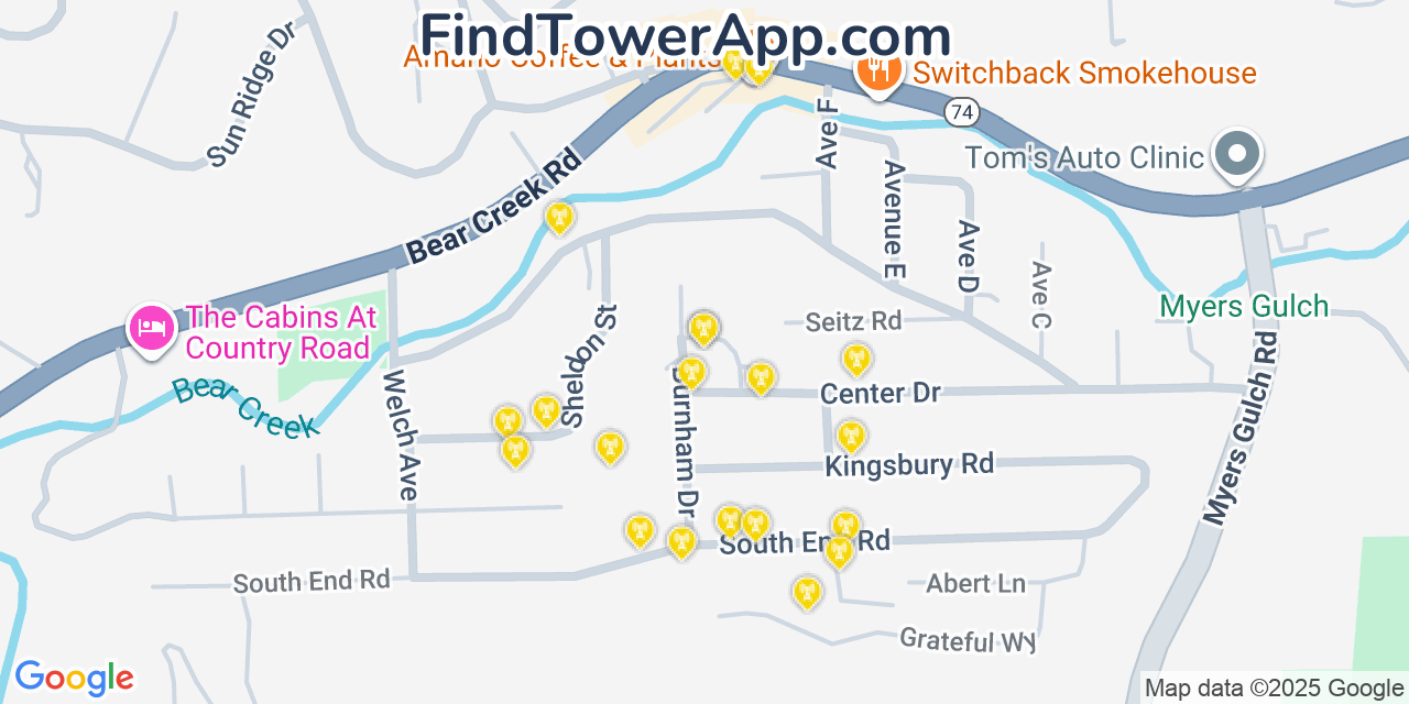 Map showing the 20 primary cell tower locations detected in Kittredge, Colorado from AT&T, Verizon, and T-Mobile networks