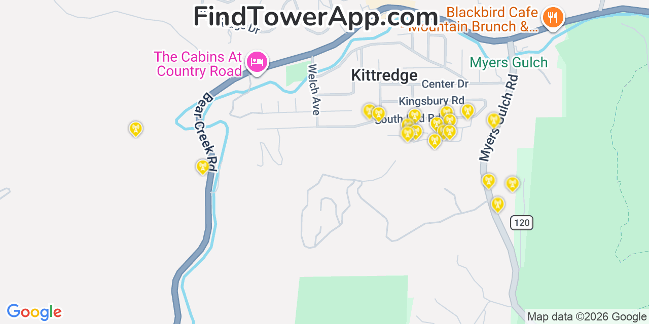 Map showing the 20 primary cell tower locations detected in Kittredge, Colorado from AT&T, Verizon, and T-Mobile networks