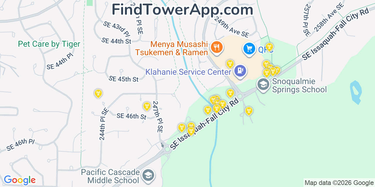 Map showing the 20 primary cell tower locations detected in Klahanie, Washington from AT&T, Verizon, and T-Mobile networks