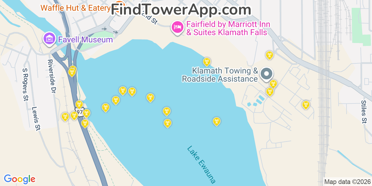 Map showing the 20 primary cell tower locations detected in Klamath Falls, Oregon from AT&T, Verizon, and T-Mobile networks